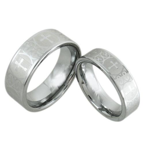 Silver tungsten band | Satin Finish | Laser engraved crosses | Wholesale tungsten rings | Wedding bands | Main photo.