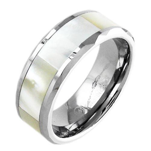 Silver tungsten ring | Mother of pearl inlay | Wholesale Tungsten Rings | Tungsten Wedding Bands | Alternate photo.