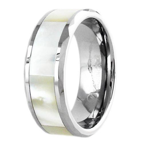 Silver tungsten ring | Mother of pearl inlay | Wholesale Tungsten Rings | Tungsten Wedding Bands | Upright photo.