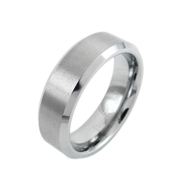 Silver tungsten ring with chamfered edges & brushed center band - 6mm | Wholesale Tungsten Rings -Wedding Bands | Main