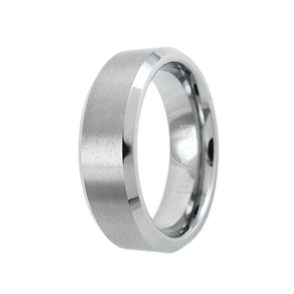 Silver tungsten ring with chamfered edges & brushed center band - 6mm | Wholesale Tungsten Rings -Wedding Bands | Upright 
