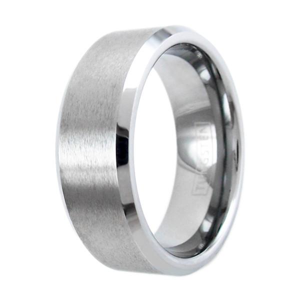 Silver tungsten ring with chamfered edges & brushed center band - 8mm | Wholesale Tungsten Rings -Wedding Bands | Upright