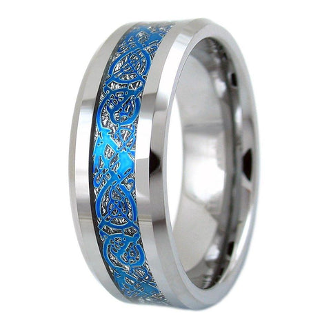 Classy Natural Silver Tungsten Ring with Royal Blue Celtic Dragon Inlay.