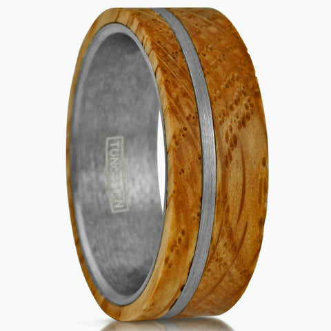 Bold Modern Flat Band Silver Tungsten Ring w/ Whiskey Barrel Oak Wood Overlay & Off-Center Silver Stripe.