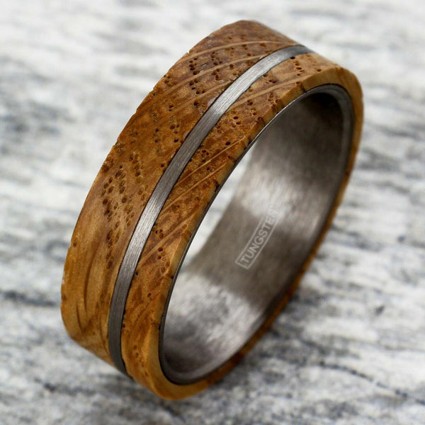 Bold Modern Flat Band Silver Tungsten Ring w/ Whiskey Barrel Oak Wood Overlay & Off-Center Silver Stripe.
