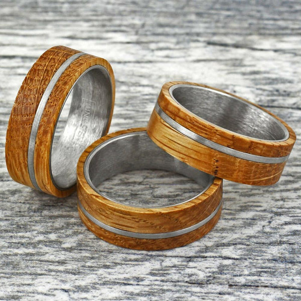 Bold Modern Flat Band Silver Tungsten Ring w/ Whiskey Barrel Oak Wood Overlay & Off-Center Silver Stripe.