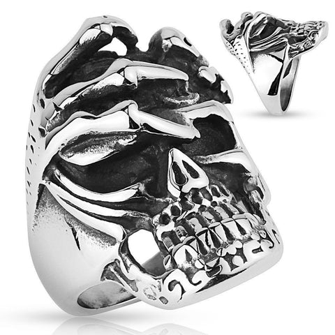 Striking Skull with Skeleton Hand Biker Rings | Wholesale 316L Stainless Steel Rings | Main