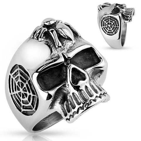 Fearsome Skull with Spider & Web Biker Ring | Wholesale 316L Stainless Steel Rings | Main