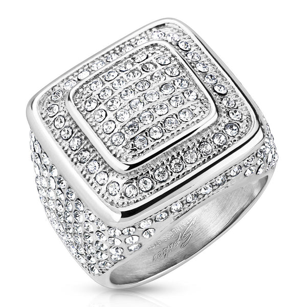 Square stainless steel dome ring with 216 micro pavé set CZs | Wholesale Jewelry | Main photo