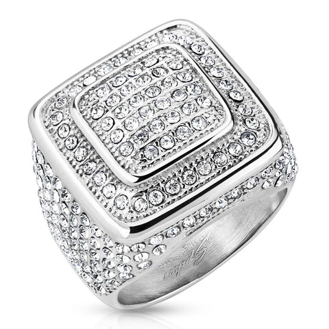 Square stainless steel dome ring with 216 micro pavé set CZs | Wholesale Jewelry | Main photo