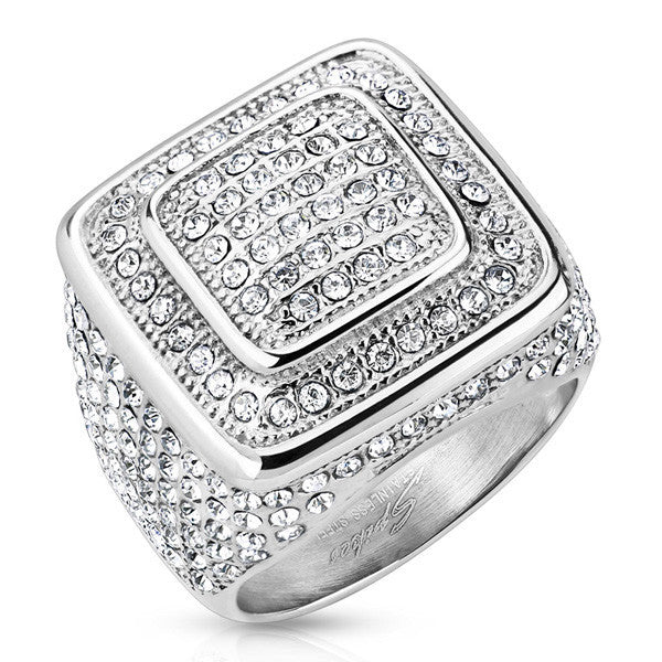 Square stainless steel dome ring with 216 micro pavé set CZs | Wholesale Jewelry | Main photo