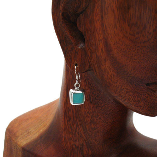 Square framed blue turquoise hanging hook earrings | Wholesale 925 Sterling Silver Jewelry | Alternate photo