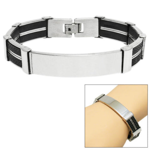 Steel & black rubber engravable bracelet with Greek key design | Wholesale 316L Stainless Steel Jewelry | Combo photo