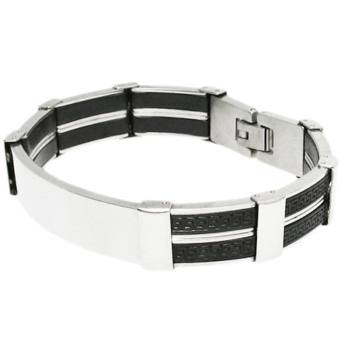 Steel & black rubber engravable bracelet with Greek key design | Wholesale 316L Stainless Steel Jewelry | Alternate photo