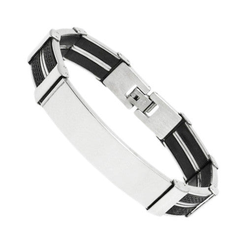 Steel & black rubber engravable bracelet with Greek key design | Wholesale 316L Stainless Steel Jewelry | Item photo