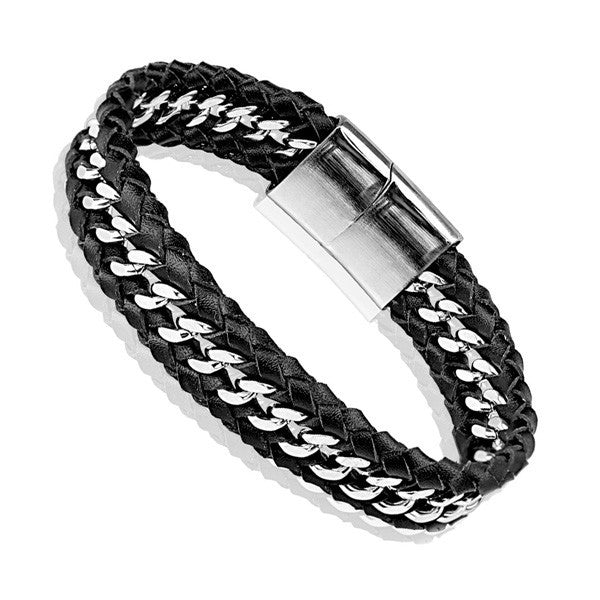 Stainless steel and woven leather bracelet with engravable clasp | Wholesale 316L Stainless Steel Jewelry | Small photo