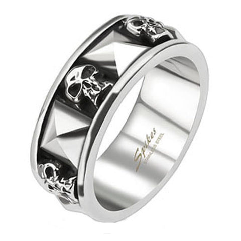 Cast stainless steel ring with alternating skulls and pyramids | Wholesale stainless steel rings - Jewelry