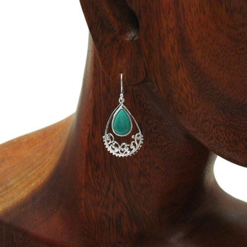 Intricate turquoise and filigree tear drop shaped hanging earrings | Wholesale 925 Sterling Silver Jewelry | Alternate photo