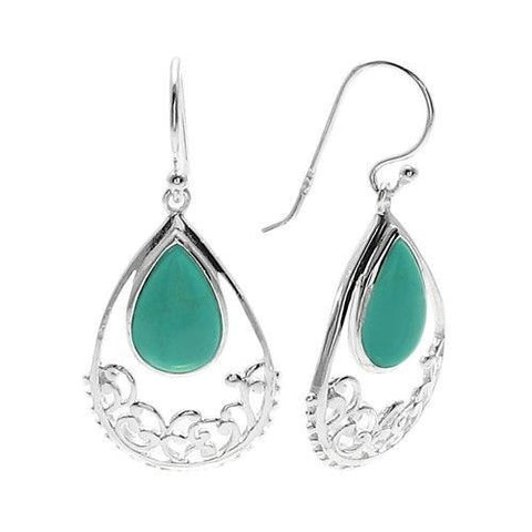 Intricate turquoise and filigree tear drop shaped hanging earrings | Wholesale 925 Sterling Silver Jewelry | Main photo