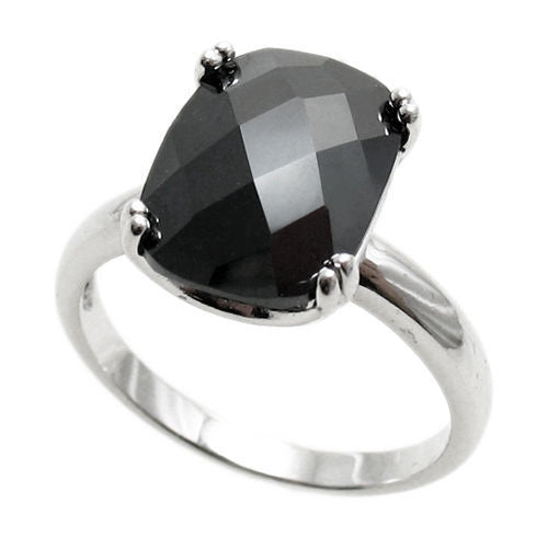 Ring with 10x14mm rectangular black / obsidian colored CZ solitaire. Wholesale sterling silver rings. Main photo.