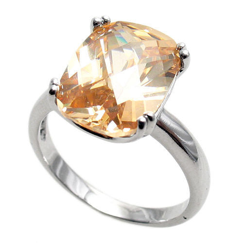 Sterling ring with 10x14mm rectangular champagne colored CZ solitaire. Wholesale sterling silver rings. Main photo.