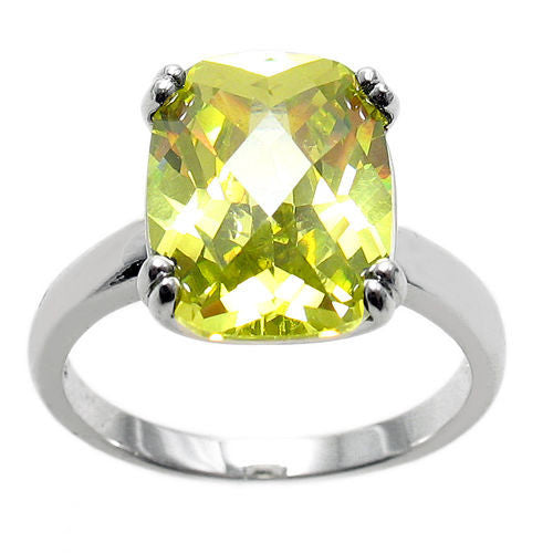 Spectacular Ring with Lime / Peridot Colored Rectangular 10x14mm CZ Solitaire in Sterling Silver.
