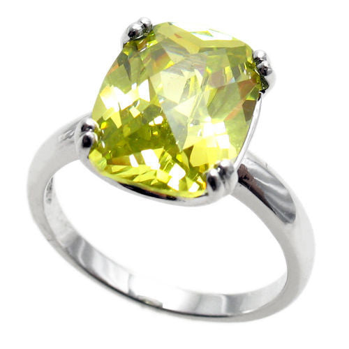 Ring with 10x14mm rectangular lime / peridot colored CZ solitaire. Wholesale sterling silver rings. Main photo.