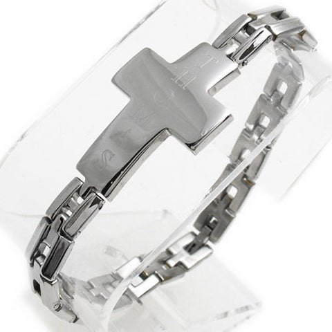 Strap link bracelet with large polished engravable cross | Wholesale 316L Stainless Steel Jewelry 