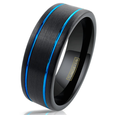 Black tungsten carbide ring w/ dual cobalt blue racing stripes | White photo