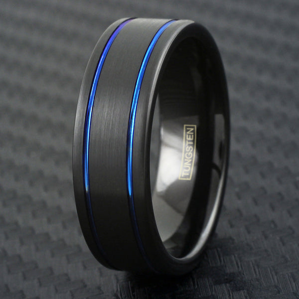 Black tungsten carbide ring w/ dual cobalt blue racing stripes | Black photo