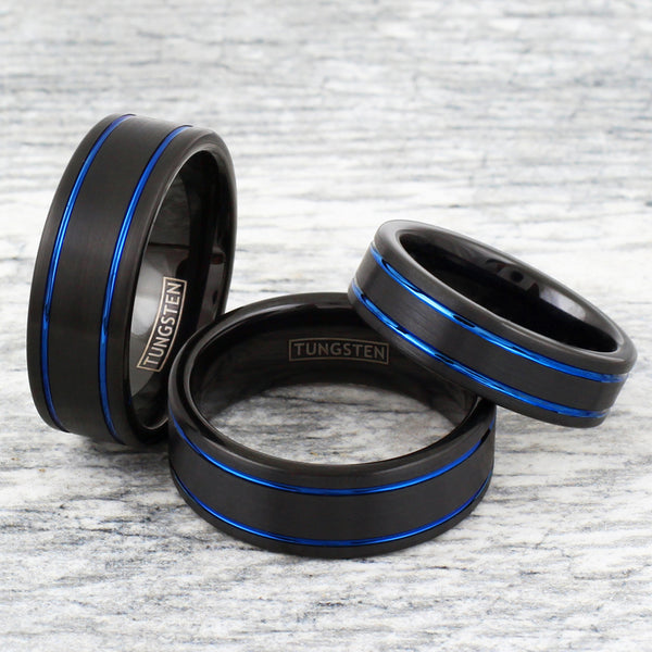 Black tungsten carbide ring w/ dual cobalt blue racing stripes | Group photo