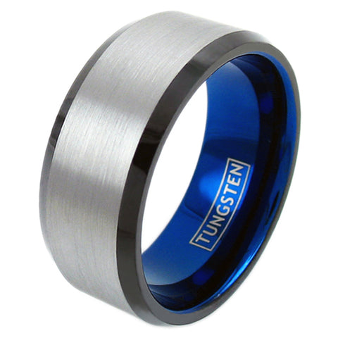 Extra-Wide brushed satin finish silver tungsten ring w/ black beveled edges, blue inner band | White photo
