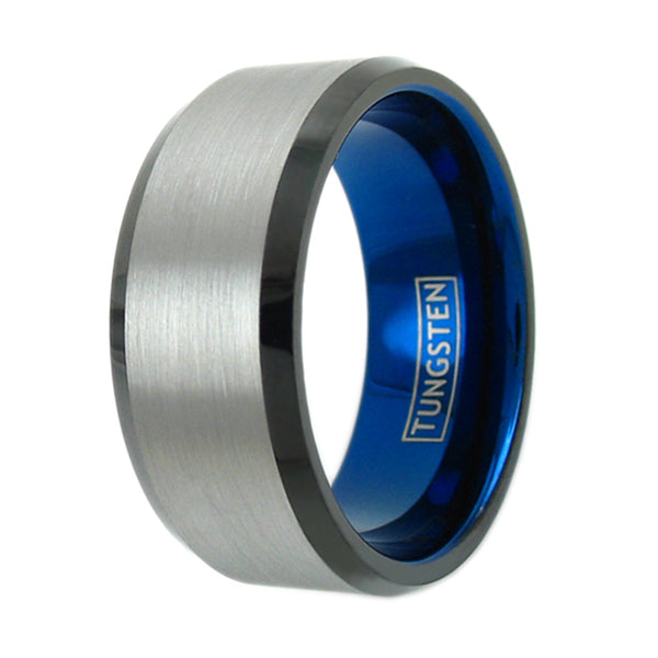 Extra-Wide brushed satin finish silver tungsten ring w/ black beveled edges, blue inner band | Upright photo