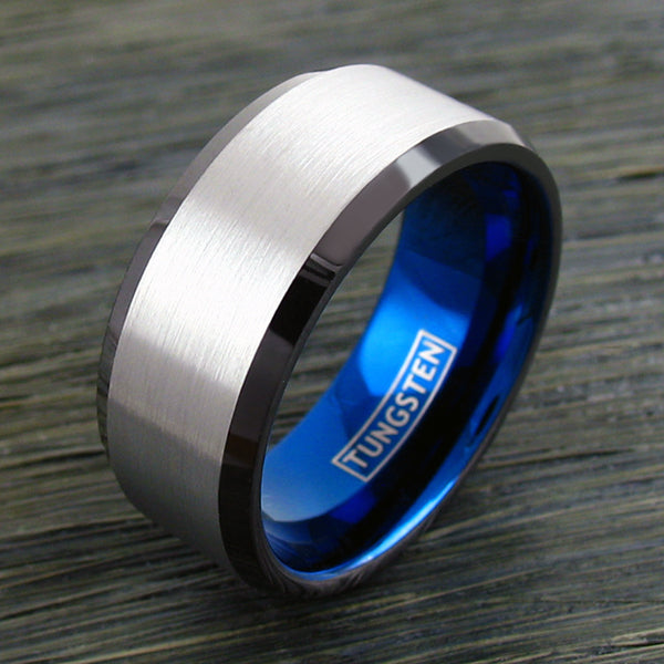 Extra-Wide brushed satin finish silver tungsten ring w/ black beveled edges, blue inner band | Wood photo