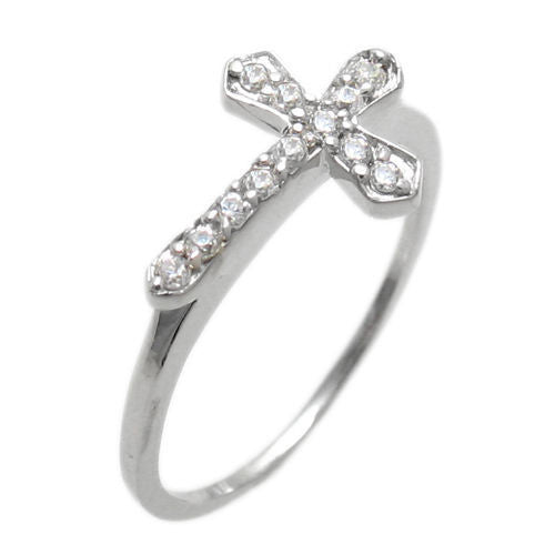 Sideways placed CZ encrusted cross on plain band | Wholesale sterling silver rings - Jewelry | Main photo