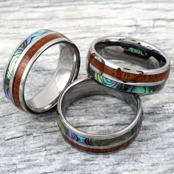 Silver tungsten dome ring w/ Koa wood & Abalone shell inlays | Wholesale tungsten rings- wedding bands | Group photo