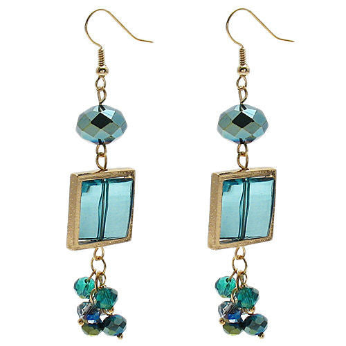 Square teal crystal with blue/green accents on long hook earrings | Wholesale Fashion Jewelry | Item photo