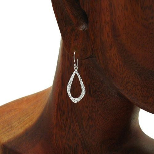 Lovely Sterling Silver Tear Drop Shaped Loop Hanging Earrings in Hammered Finish.