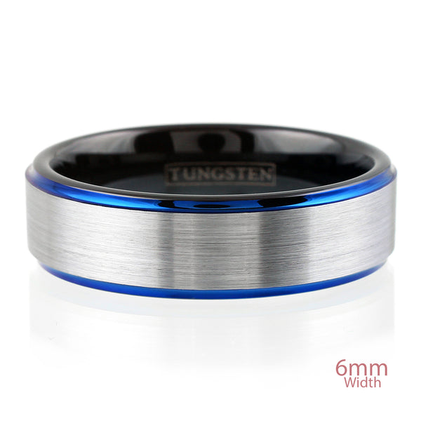 Black tungsten carbide band ring w/ silver brushed satin outer band, sapphire blue edges & black inner band | 6mm White Photo