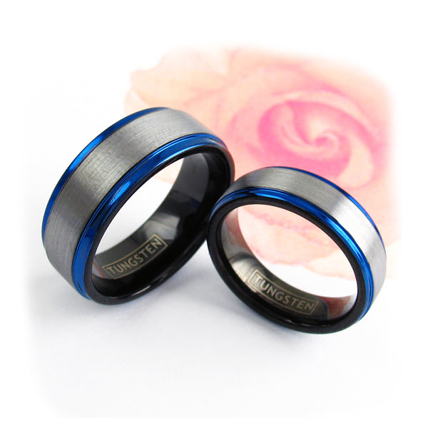 Black tungsten carbide band ring w/ silver brushed satin outer band, sapphire blue edges & black inner band | Pair Photo