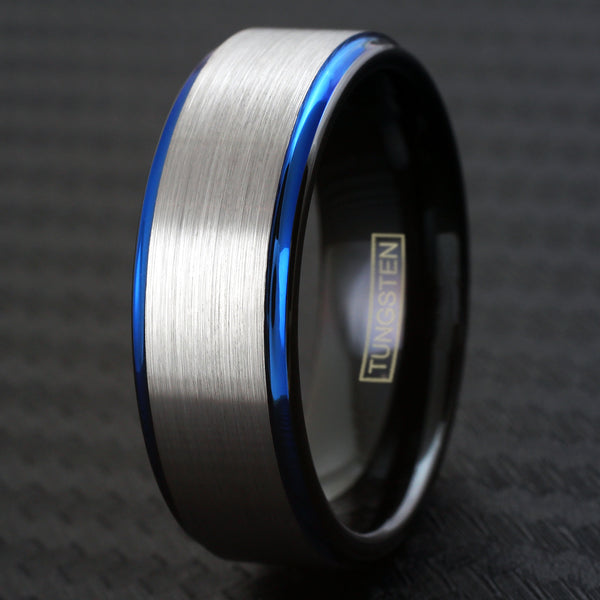 Black tungsten carbide band ring w/ silver brushed satin outer band, sapphire blue edges & black inner band | 8mm Black Photo 1