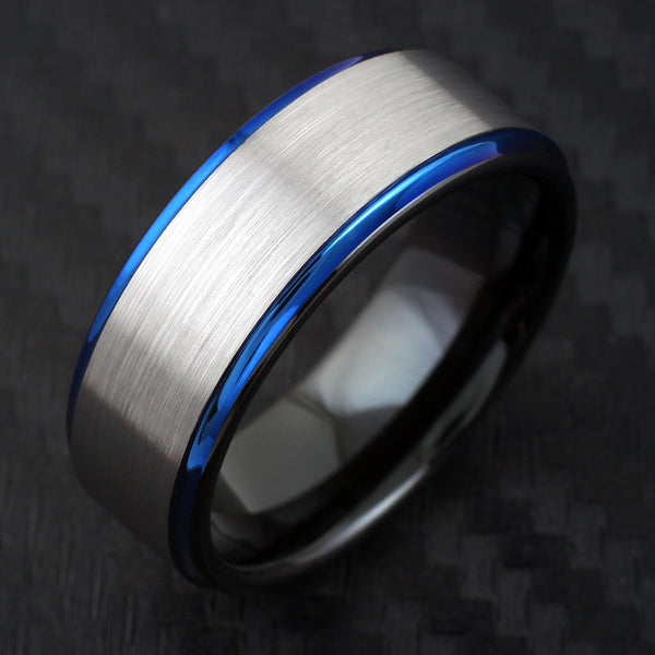 Black tungsten carbide band ring w/ silver brushed satin outer band, sapphire blue edges & black inner band | 8mm Black Photo 3