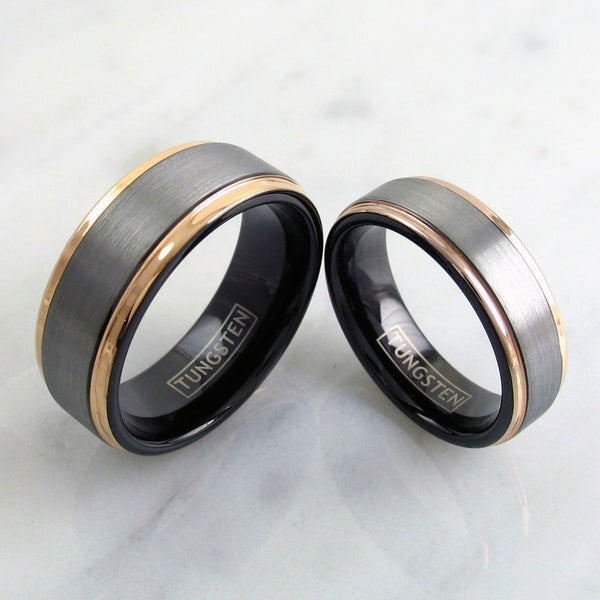 8mm Silver tungsten carbide band ring w/ black inner band & rose gold stepped edges | Couple Ring Photo
