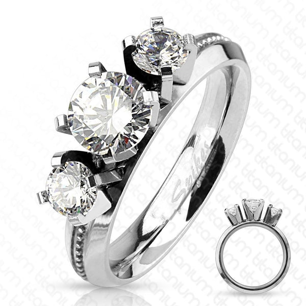 Beautiful Titanium 1.5 Carat CZ Milled Band 3-Stone Engagement Ring | Wholesale Titanium Rings | Main 