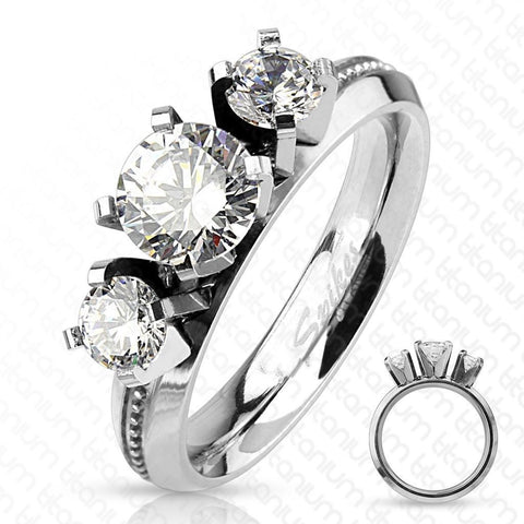 Beautiful Titanium 1.5 Carat CZ Milled Band 3-Stone Engagement Ring | Wholesale Titanium Rings | Main 