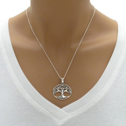 Charming Sterling Silver Hearts Infused Tree of Life in Circle Pendant.