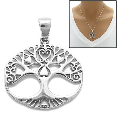 Charming Sterling Silver Hearts Infused Tree of Life in Circle Pendant.