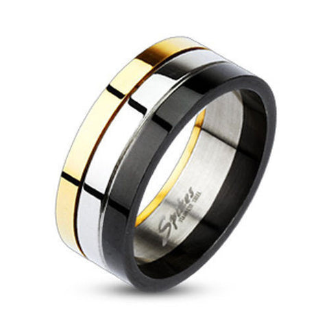 Tri-color stainless steel ring in 14k gold, black, and mirror finish | Wholesale Jewelry