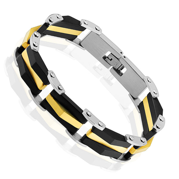 Tri-tone back and gold pyramid link bracelet | Wholesale 316L Stainless Steel Jewelry | Large photo