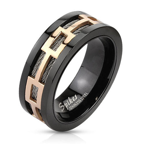 Tri-tone black stainless steel ring with rose gold rectangles over natural wire inlay | Wholesale Jewelry